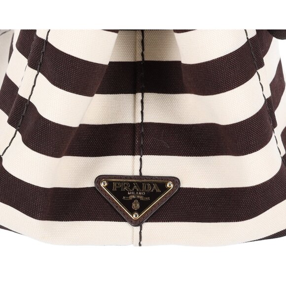 PRADA Canapa Large Canvas Tote Bag Brown White Stripe Shoulder Bag - Picture 10 of 16